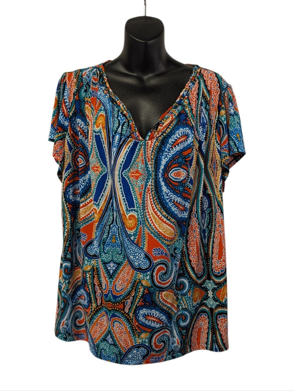 East 5th Womens Multicolor Paisley V-Neck Short Sleeve Beaded Blouse Plus Sz 3X